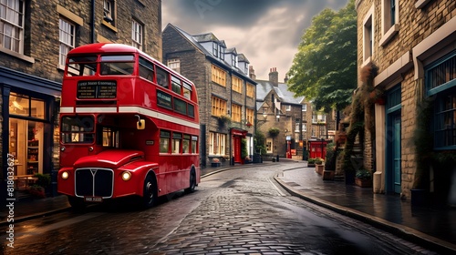 A red doubledecker bus drives through the narrow streets of Lond photo