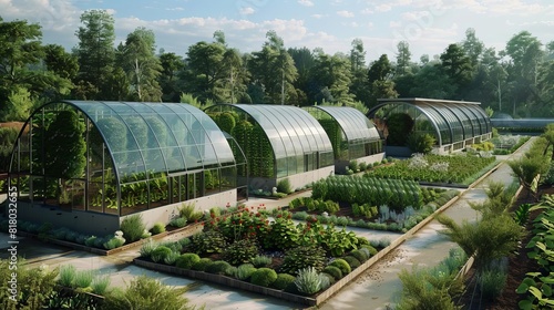 Modern greenhouses, representing sustainable agriculture and food production