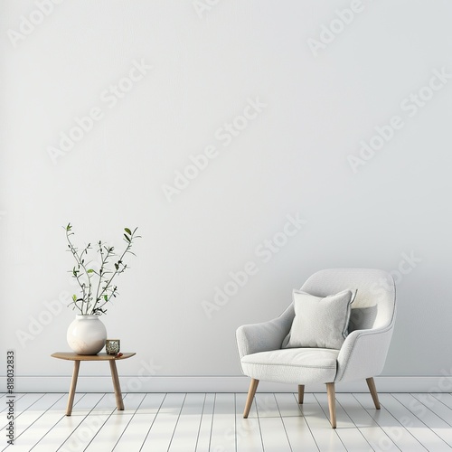 Modern minimalist interior with an armchair on empty white color wall background  