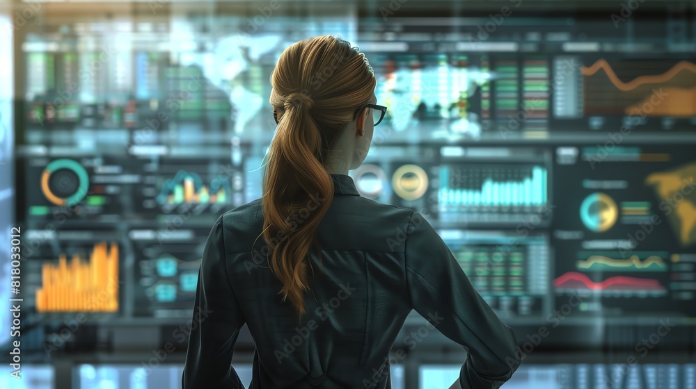 3D render of a businesswoman studying financial graphs and charts 3D render of a businesswoman studying financial graphs and charts