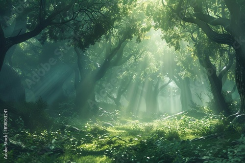 Mystical forest with sunlight streaming through, evoking tranquility and exploration