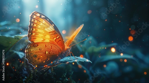 Mystical glowing butterfly in a magical nature. Isolated on blurred background. Stunning animals in nature travel or wildlife photography 