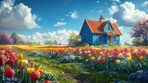 A background artwork of a cozy Dutch countryside cottage nestled among tulip fields, blending with a contemporary romanticism art style. #818033484