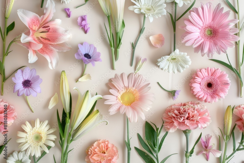 An assortment of pastel-colored flowers, including lilies, daisies, and carnations, artistically arranged on a light background