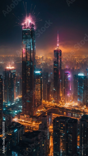 A futuristic cityscape aglow with sparks amidst towering skyscrapers.
