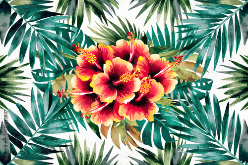 Colorful tropical pattern with bright hibiscus flowers and exotic palm leaves. Exotic floral jungle backdrop. Botanical wallpaper. 