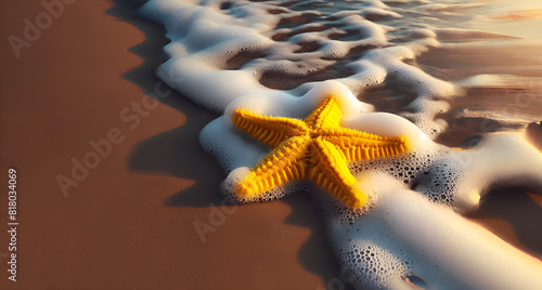 Estrella de mar amarilla, en la arena de playa con olas, espuma de mar y conchas. photo