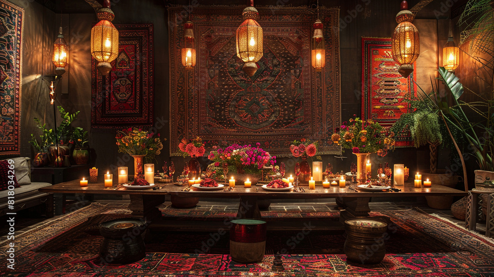 A bohemian-chic candlelight dinner, with colorful tapestries and Moroccan tiles