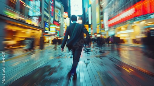 Person in business suit blurred motion in urban city environment office abstract background with modern buildings travel rush walking through corporate lifestyle scene businessman in cityscape center 