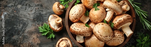 Forest Feast: Boletus Edulis Mushroom with Herbs in Old Bowl Plate on Dark Brown Table - Top View Background Banner photo