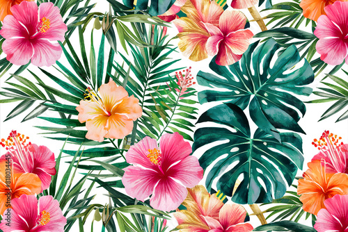 Colorful tropical pattern with bright hibiscus flowers and exotic palm leaves. Exotic floral jungle backdrop. Botanical wallpaper. 