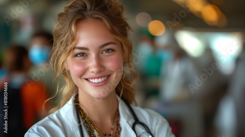 Smiling Young Female Doctor with Stethoscope in Busy Hospital Corridor