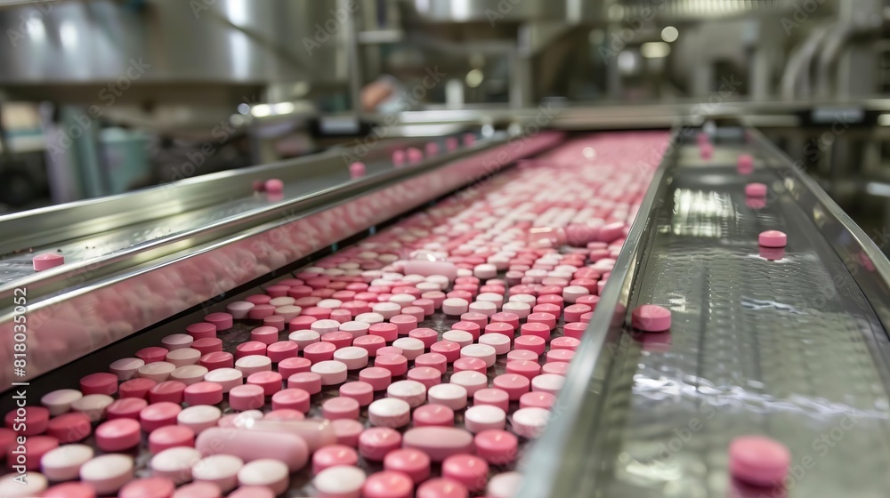 Obraz premium Pharmaceutical capsules being processed in a factory