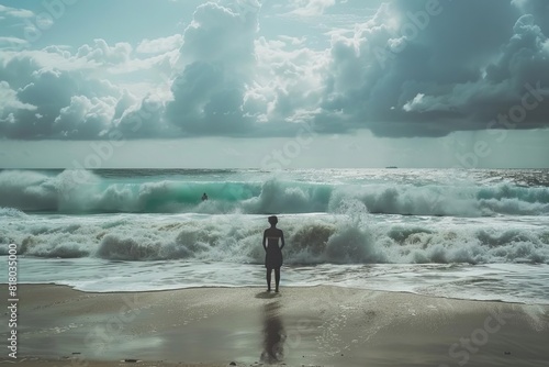 Person standing on a beach looking at waves