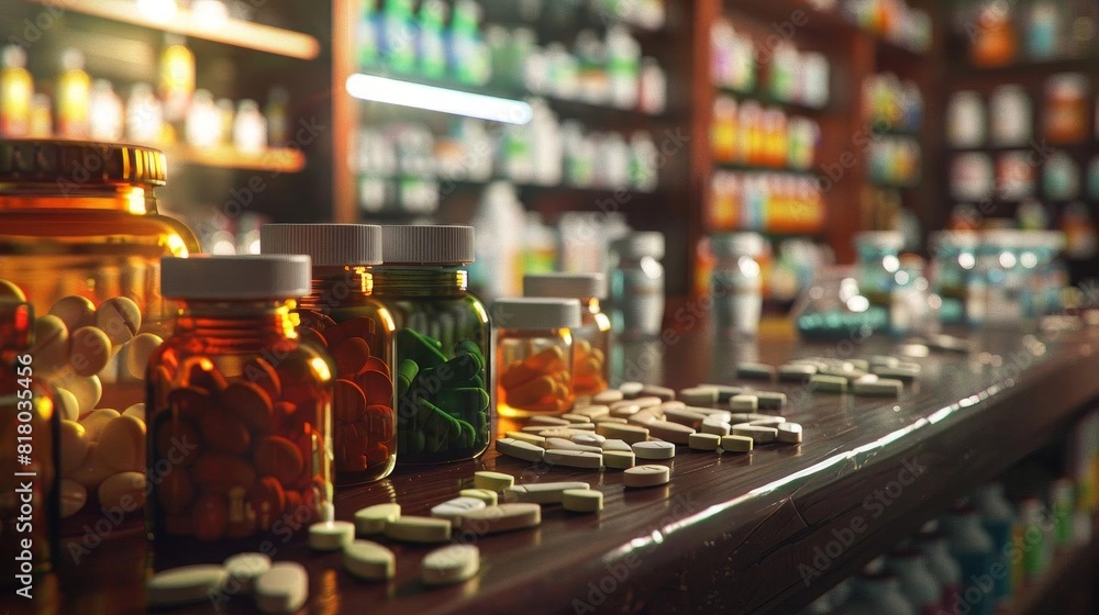 Pills and bottles on a pharmacy counter