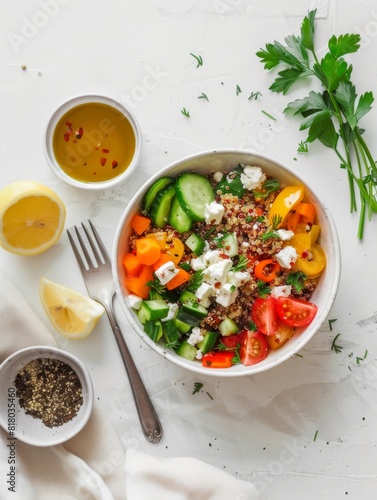A refreshing quinoa salad bowl with crisp diced vegetables, sprinkled with feta cheese and garnished with lemon wedges and fresh parsley on a light background.