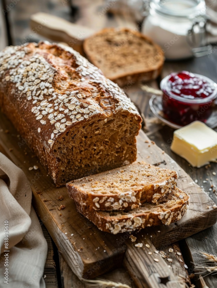 A rustic loaf of whole grain bread freshly sliced on a wooden board, accompanied by creamy butter and rich berry jam, ready for a wholesome breakfast. A rustic loaf of whole grain bread freshly sliced on a wooden board, accompanied by creamy butter and rich berry jam, ready for a wholesome breakfast.