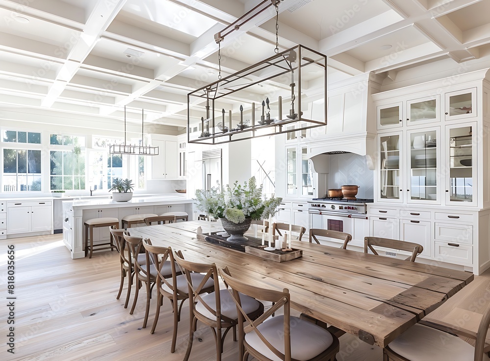 Large dining room and kitchen in luxury home stock photo