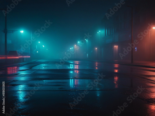 Wet Asphalt with Neon Light Reflections and Smoke  Abstract Light in Dark Empty Street at Night Scene.