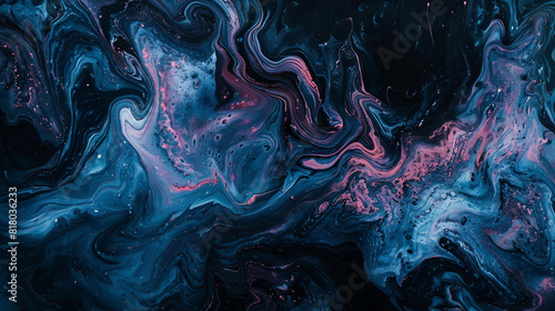 Neon pink swirls and fluid lines on a dark blue and black marble texture backdrop.