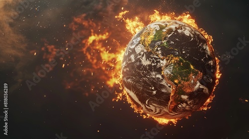 Planet Earth globe burning, destroyed by fire, conceptual illustration of global warming, temperature increase, 
