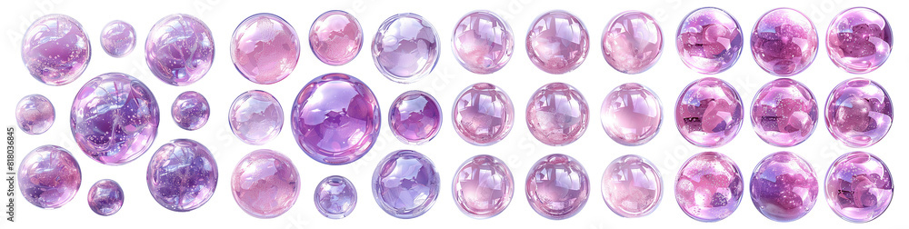 Set of isolated pink holographic liquid bubbles on white background. Set of isolated pink holographic liquid bubbles on white background.