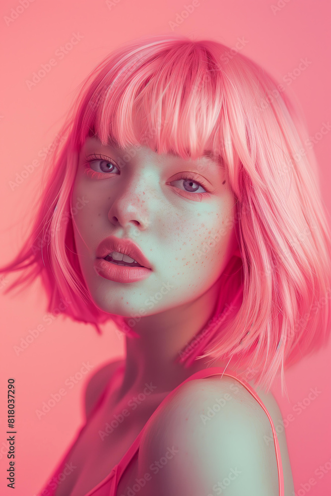 Beautiful young woman with pink hair, bob cut, bangs, wearing mint colors, in the style of fashion photography, magazine cover.
Beautiful young woman with pink hair, bob cut, bangs, wearing mint colors, in the style of fashion photography, magazine cover.
