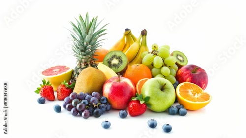 A variety of fruits including apples  bananas  grapes  pineapple  kiwi  strawberries  blueberries  and oranges.