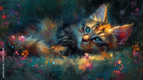 A beautiful cat lying in wait to catch a small bird in the bushes. colorful, rough painting in oil painting style © paisorn