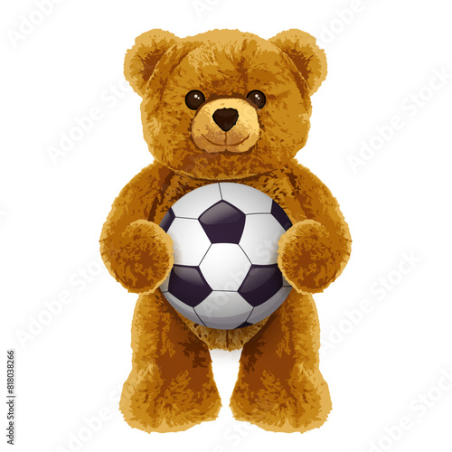 Brown standing bear toy holding soccer ball. Realistic vector illustration isolated on white background. Cute football player teddy character. Fashion print, greeting card or poster design element