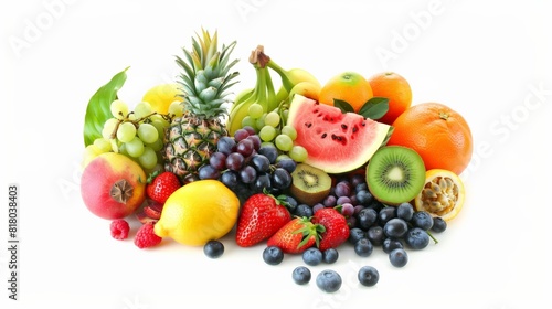 A variety of fruits including watermelon  grapes  pineapple  passion fruit  kiwi  lemon  blueberries  raspberries  and strawberries