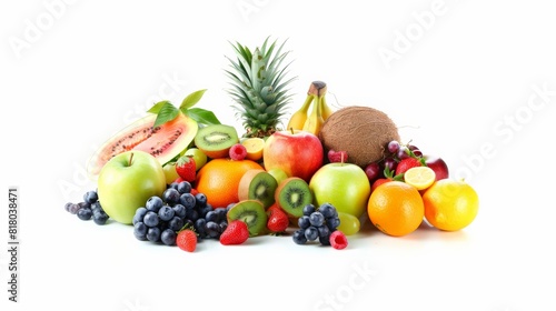 A variety of fruits are arranged in a pile on a white background.