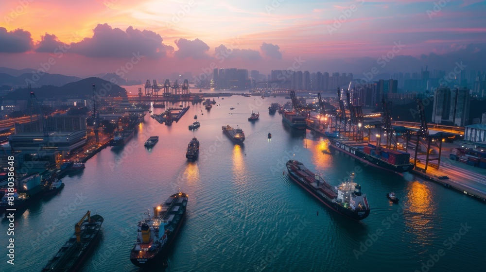 Illustrate a panoramic view of a busy harbor at dusk, with VTMS towers standing sentinel against the skyline, ensuring safe navigation amidst a flurry of ship traffic Illustrate a panoramic view of a busy harbor at dusk, with VTMS towers standing sentinel against the skyline, ensuring safe navigation amidst a flurry of ship traffic