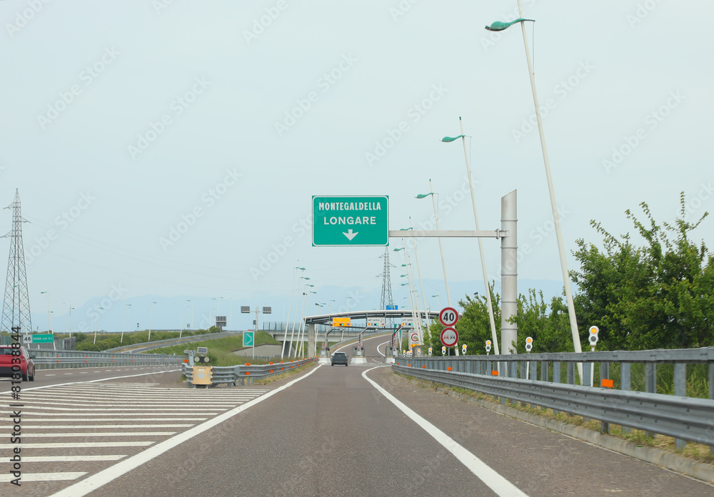 Longare, VI, Italy - April 28, 2024: Motorway toll booth of the towns Longare and Montegaldella in Northern Italy