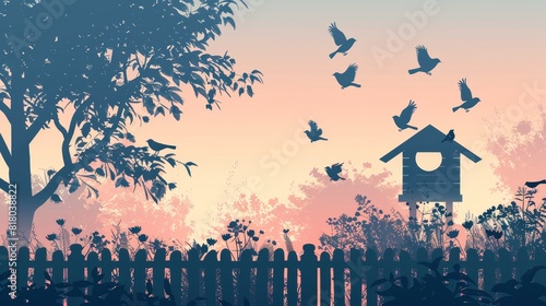 A bird feeder is in a garden with a fence and a tree photo