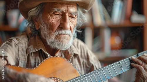 Timeless Music: Senior Playing Guitar with Personal Expression in Close-up