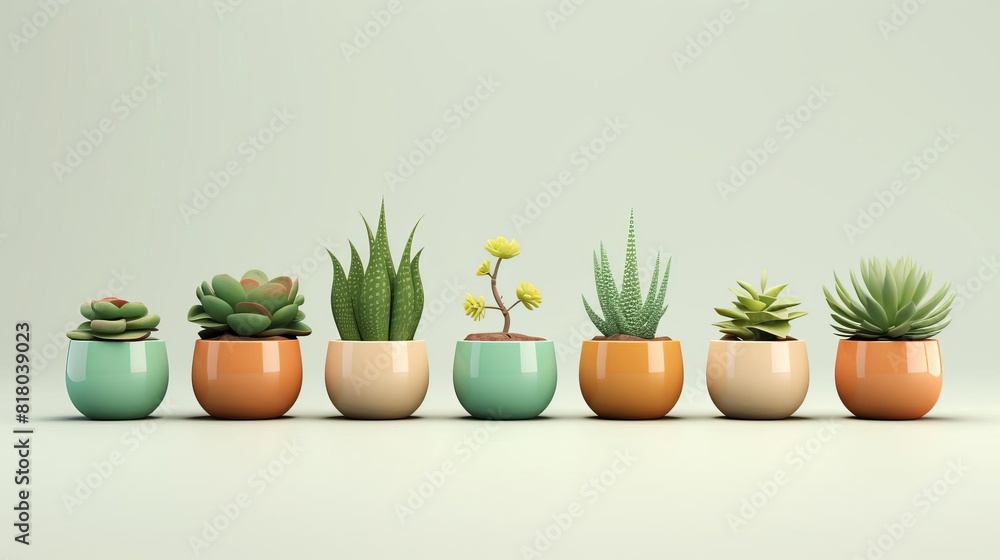 succulent collection flat design side view desert theme 3D render Monochromatic Color Scheme