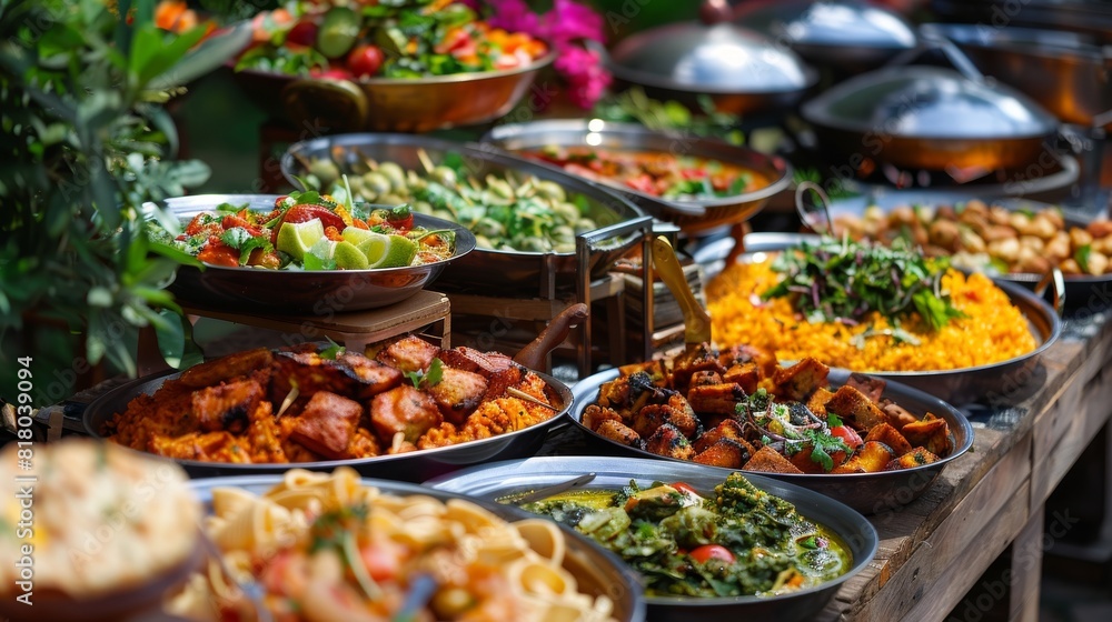 A buffet table covered in a wide variety of delicious dishes, including appetizers, main courses, and desserts. Different types of food are neatly arranged in trays, bowls, and platters