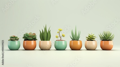 succulent collection flat design side view desert theme 3D render Monochromatic Color Scheme