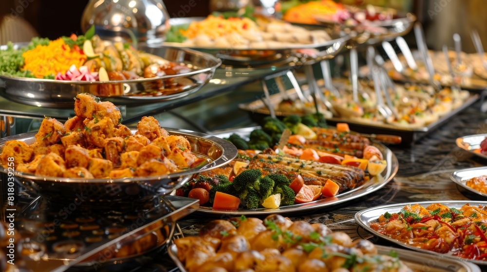 A wide assortment of different types of delicious foods spread out on a buffet table, including appetizers, main dishes, sides, and desserts. Various cuisines