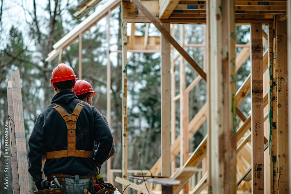 A group of construction workers are actively engaged in building a house, using tools and equipment to complete the construction process A group of construction workers are actively engaged in building a house, using tools and equipment to complete the construction process