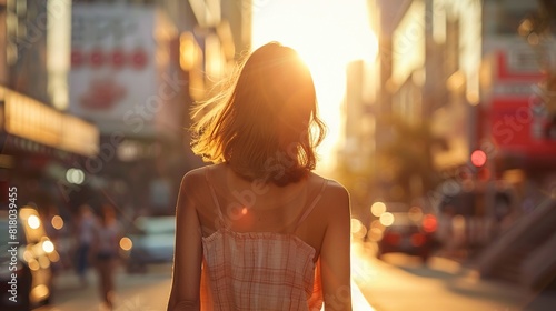solo traveler rear view of casual dress summer cloth female woman walking along sun set in the city urban lifestyle background concept,ai generate  photo