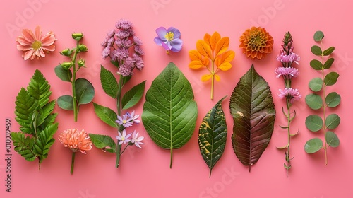Botanical flat lay with a variety of leaves and flowers arranged aesthetically, top-down view, creative and colorful