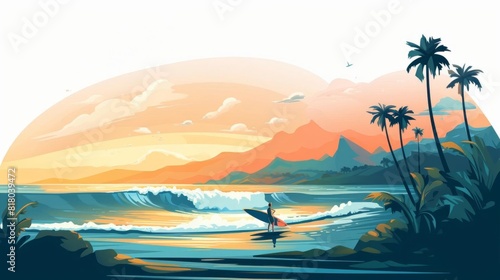 surfing adventure flat design front view ocean theme cartoon drawing Splitcomplementary color scheme