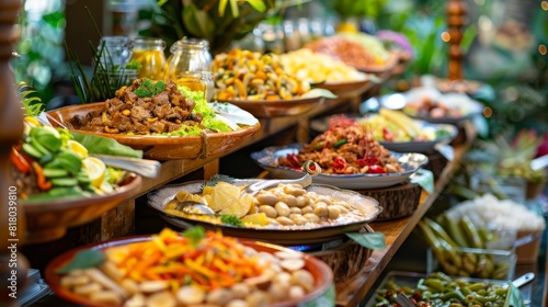 A buffet table filled with a diverse selection of delicious dishes  including appetizers  main courses  side dishes  desserts.  