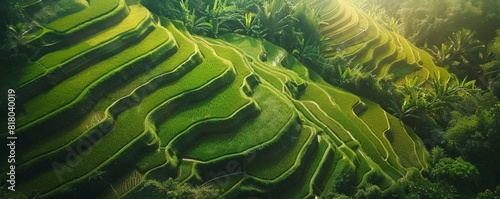 Sweeping aerial view of stepped rice paddies in Chiang Mai, Thailand, with farmers at work