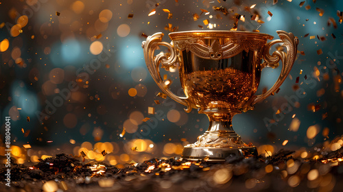 Golden trophy cup with flying confetti 