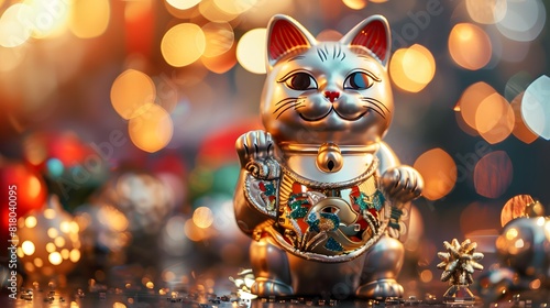 Traditional Japanese Lucky Cat, right front leg up, sitting on a pile of ancient coins, detailed kimono patterns, serene background. 3D. Realistic. Printing. Illustrate. Generate AI.
