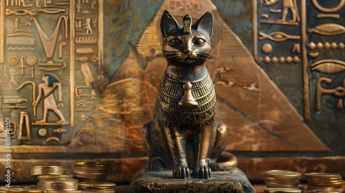 Ancient Egyptian Lucky Cat, right front leg up, surrounded by golden hieroglyphic coins, pyramids in the background, mystical and detailed. 3D. Realistic. Illustrate. Generate AI. Printing.