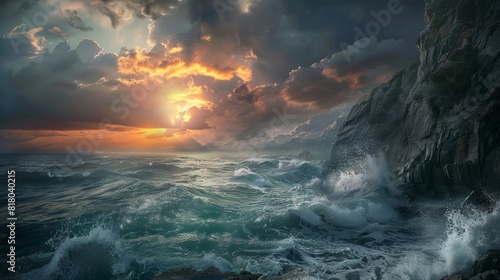 A dramatic sunrise over a stormy sea, with waves crashing against rugged cliffs and the sky filled with ominous clouds. photo
